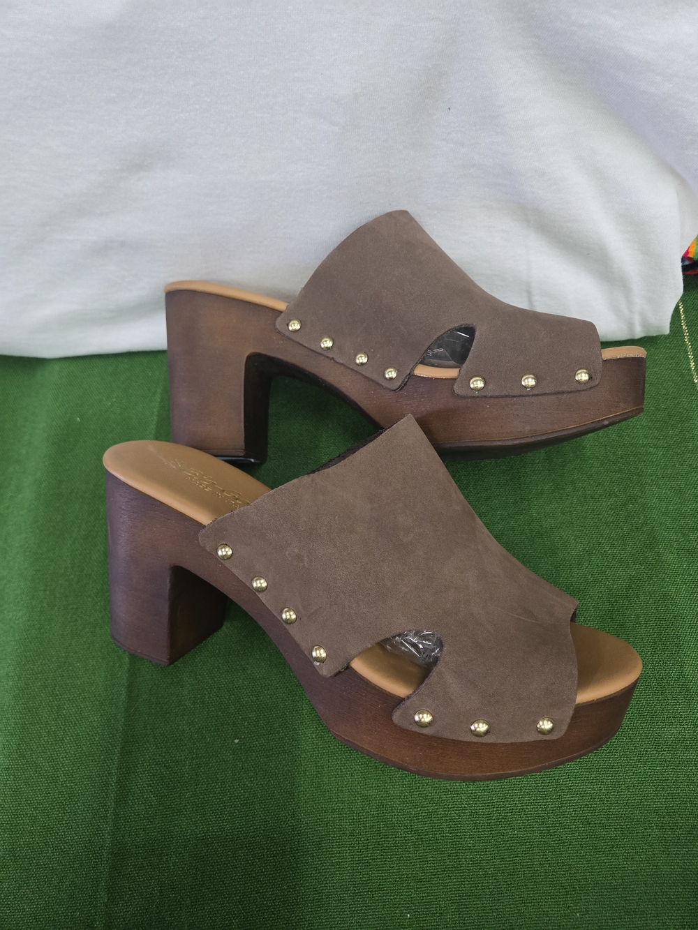 Brown Suede Studded Platform Mule Heels